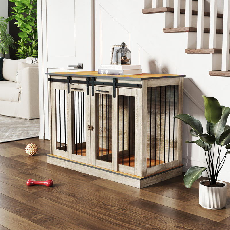 Heavy-Duty Lockable Double Door Dog Crate & Cage with Upper & Lower Access - Spacious Multi-Door Kennel for Large Dogs, Puppies, Cats, Small Pets - Rustic Brown Wood-Like (Locks Included) - Durable Pet Enclosure