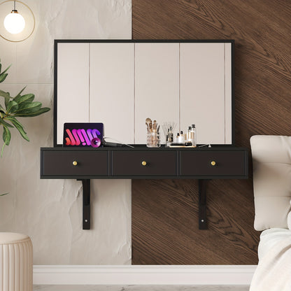 Kaptafel – Make-Up Tafel – Schminktisch – Toilettafel – Vanity Table – Mat Zwart – Compact Met Spiegel – 3 Laden Opbergruimte – Bamboe-Alternatief – Ingebouwde Bekerhouder