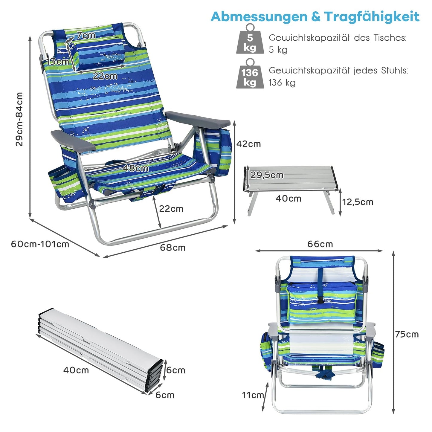 Campingstoel – Strandstoel – Kampeerstoel – Ligstoel – Tuinstoel – 3-Delige Set Blauw + Groen – Verstelbare Rugleuning – Inclusief Koelvak & Opbergvakken