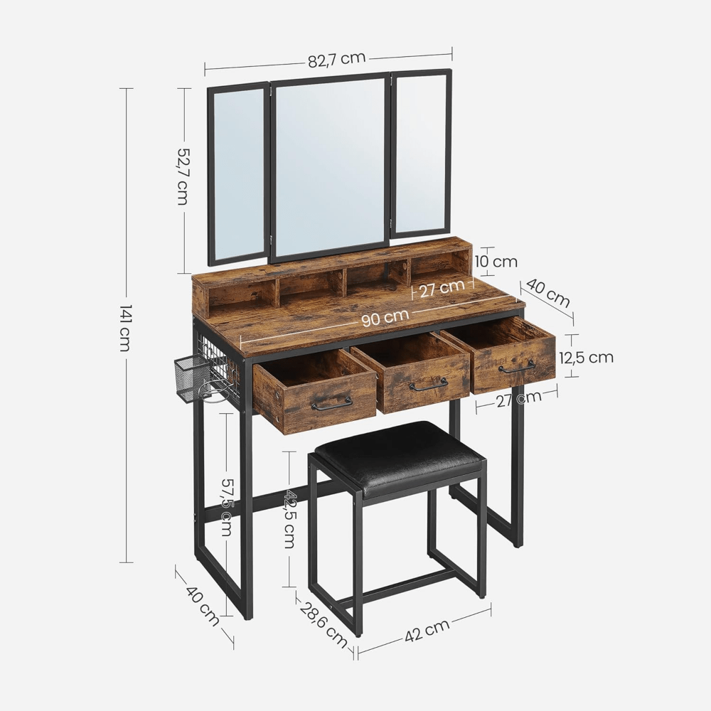 Make-up tafel – Kaptafel – Schminktafel – Make-up bureau – Vanity table – Drieluikspiegel – 3 Lades – Met Föhnhouder en Kruk - Vintage Bruin en Zwart
