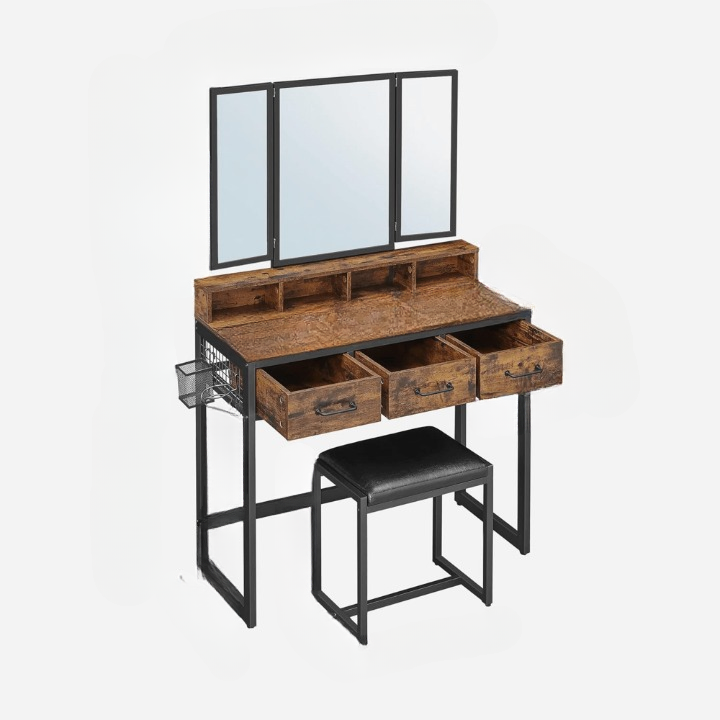 Make-up tafel – Kaptafel – Schminktafel – Make-up bureau – Vanity table – Drieluikspiegel – 3 Lades – Met Föhnhouder en Kruk - Vintage Bruin en Zwart