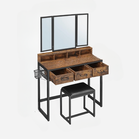 Make-up tafel – Kaptafel – Schminktafel – Make-up bureau – Vanity table – Drieluikspiegel – 3 Lades – Met Föhnhouder en Kruk - Vintage Bruin en Zwart
