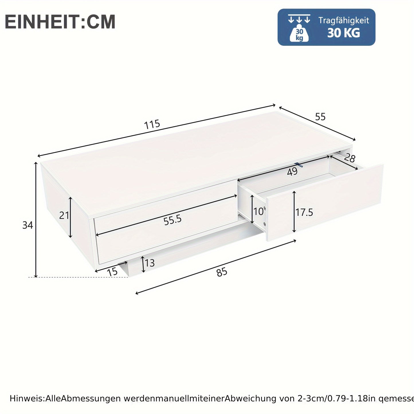 Salontafel – Woonkamertafel – Koffietafel – Bijzettafel – Tafeltje – Hoogglans Wit – 115x55x34 cm – 2 Lade Opbergruimte – Draagvermogen 30 kg