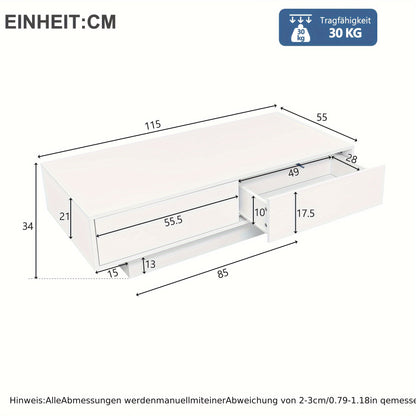 Salontafel – Woonkamertafel – Koffietafel – Bijzettafel – Tafeltje – Hoogglans Wit – 115x55x34 cm – 2 Lade Opbergruimte – Draagvermogen 30 kg