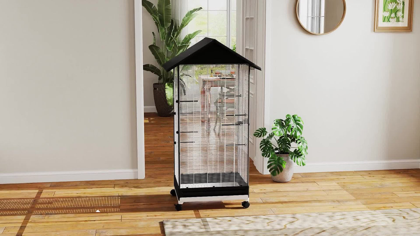 Vogelkooi – Vogelkooi Op Standaard – Vogelkooi Op Wielen – Vogelkooi Binnen – Vogelkooi Met Lade – Ruime Binnenkooiverdeling – Inclusief 2 Voeders En 8 Zithokken – Stalen Draad Zwart – 79x65x155 cm