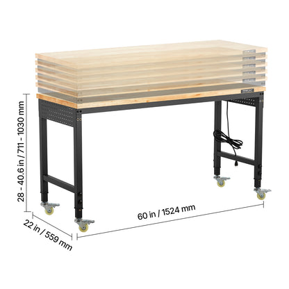 Werkbank – Werktafel – Werkbank Op Wielen – In Hoogte Verstelbaar – Klusbank – Massief Eiken Hout Werkblad – Ingebouwd Stopcontact Met USB-poorten