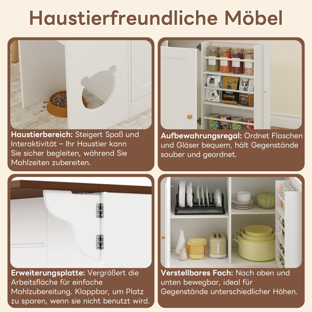 Keukeneiland – Keukentrolley – Keukenwagen – Kitchen Sideboard – Opbergmeubel – Uitschuifbaar Werkblad 120x70 cm – Ingebouwd Kruidenrek – Huisdier Voerplek Wit/Walnoot