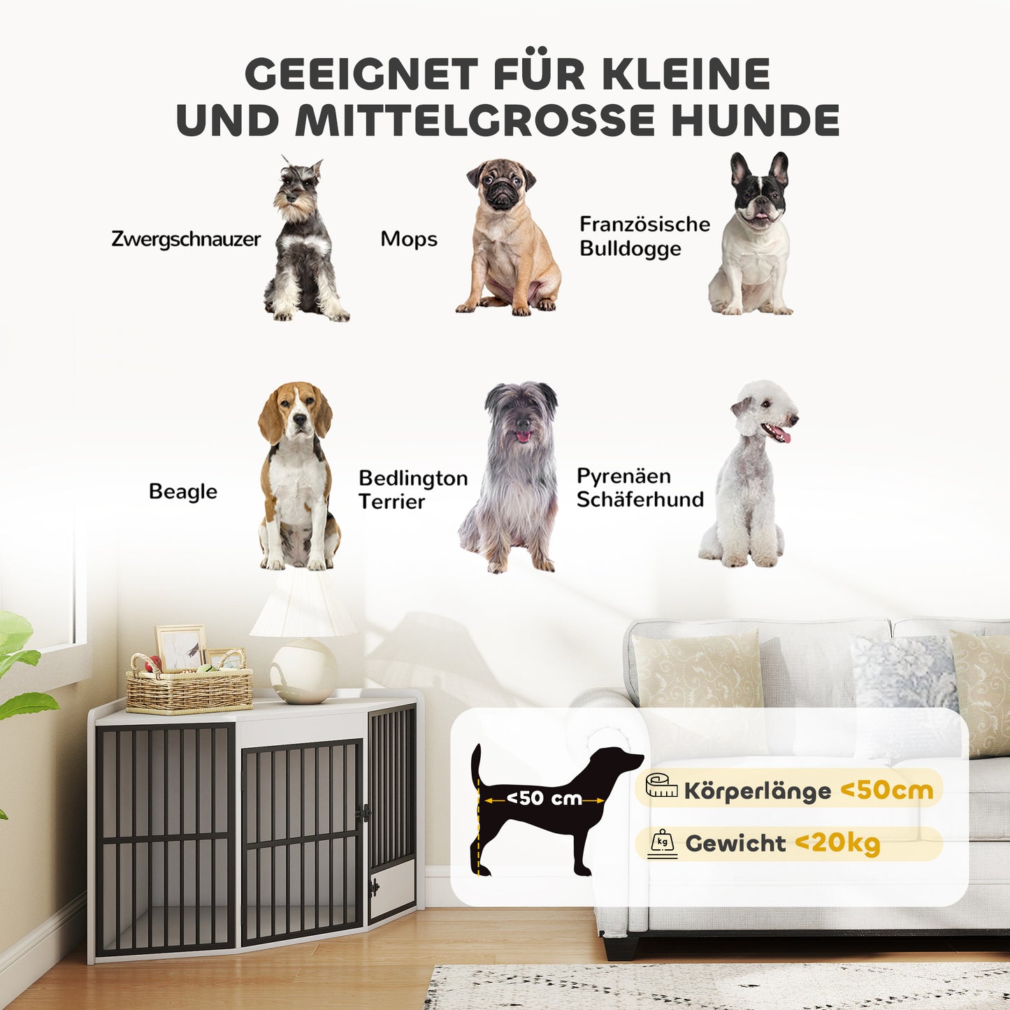 Hondenbench – Hondenbox – Hondenkooi – Huisdierenbench – Voederdeur – Metaal – Wit – Ruimtebesparend Hoekontwerp – Stevige Metalen Constructie