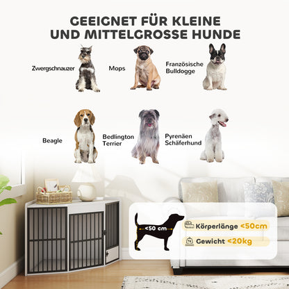 Hondenbench – Hondenhok – Hondenkooi – Transportbench – Reisbench – Hoekontwerp – Met Voerluik – Metaal & MDF – Wit – Voor Kleine en Middelgrote Honden
