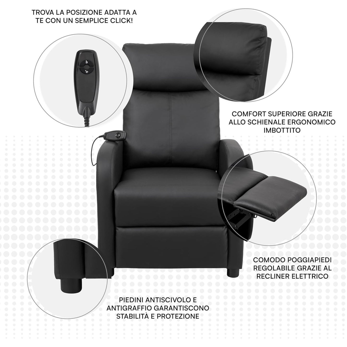 Relaxfauteuil – Relaxstoel – Elektrische Fauteuil – TV Stoel – Loungestoel – Elektrisch Verstelbaar – Met Voetsteun – Zwart Kunstleer – Compact 66x75x99 cm
