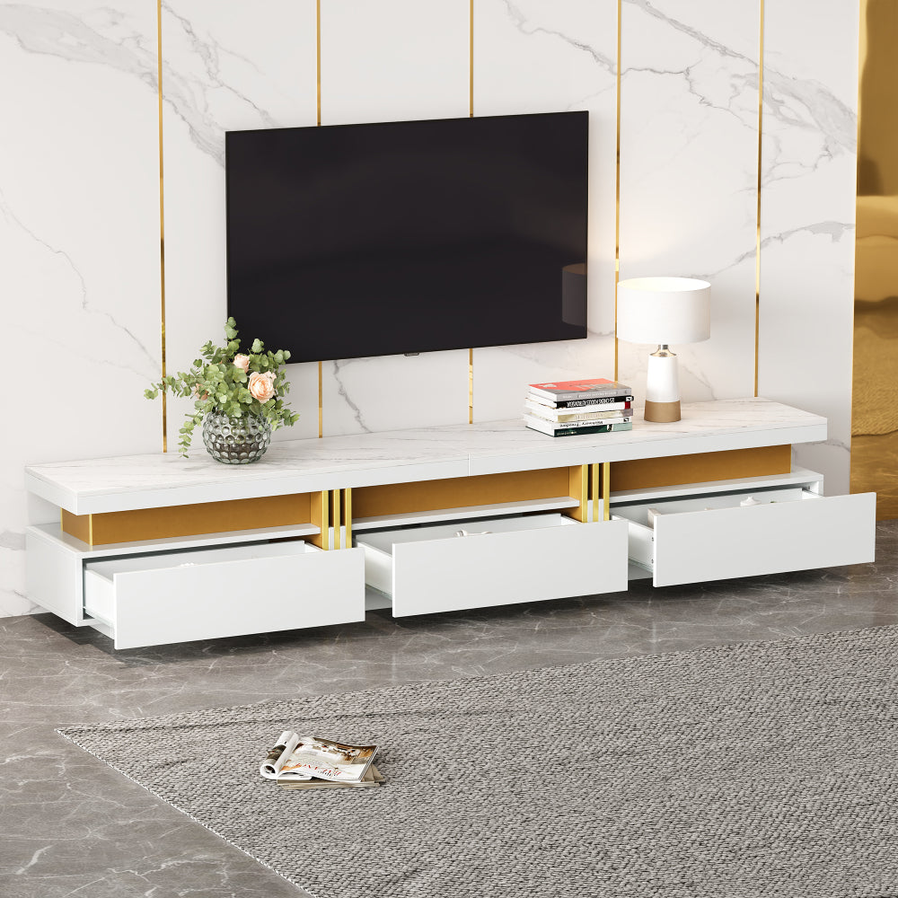Contemporary low TV cabinet with marble finish, featuring three drawers and one cable management compartment. Dimensions: 200 x 40 x 42cm. Suitable for televisions under 90 inches., Media Console, Sleek Furniture, Modern Cabi