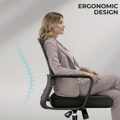 Bureaustoel – Ergonomische Stoel – Office Chair – Computerstoel – Kantoorstoel – Memory Foam Zitting – Verstelbare Lendensteun – 360° Draaibaar – Mesh Rugleuning – Metalen Frame – Zwart
