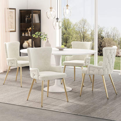 Eetkamerstoel – Kuipstoel – Keukenstoel – Stoel – Zitmeubel – Velvet Bekleding – Gouden Metalen Poten – Set van 2 – Beige – Memory Foam Zitting