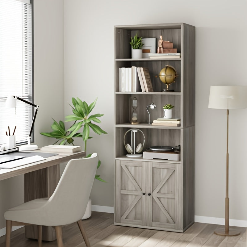 Industrieel Boekenkast met Deuren – Houten Vakkenkast – Opbergkast – Boekenkast Staand – Woonkamermeubel – Stevige Houten Constructie – Open en Gesloten Opbergruimte – Wit