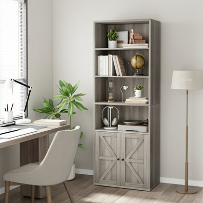 Industrieel Boekenkast met Deuren – Houten Vakkenkast – Opbergkast – Boekenkast Staand – Woonkamermeubel – Stevige Houten Constructie – Open en Gesloten Opbergruimte – Wit