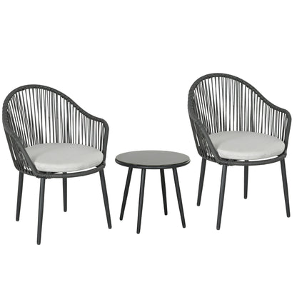 Bistroset – Tuinset – Balkonset – Tuintafelset – Rattanmeubel – Weerbestendig – Gepoedercoat Stalen Frame – Comfortabele Kussens – Donkergrijs