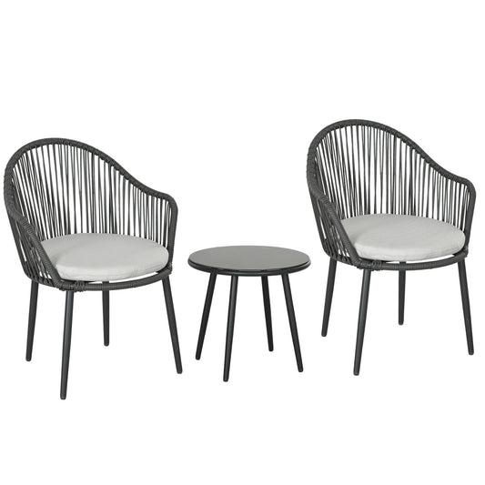 Bistroset – Tuinset – Balkonset – Tuintafelset – Rattanmeubel – Weerbestendig – Gepoedercoat Stalen Frame – Comfortabele Kussens – Donkergrijs