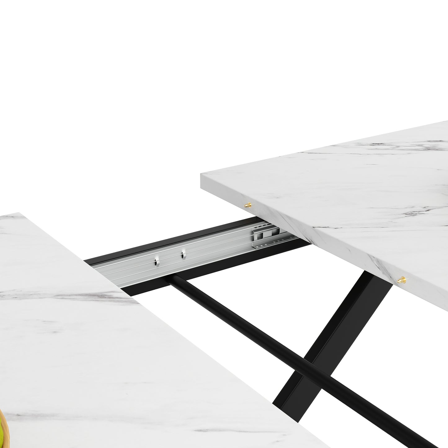 Telescoping Dining Table (120-160×80cm), Extendable Kitchen Table, Space-Saving Design, Black Crossed Iron Legs, Suitable for Kitchen & Living Room, White Marble Walnut Colored