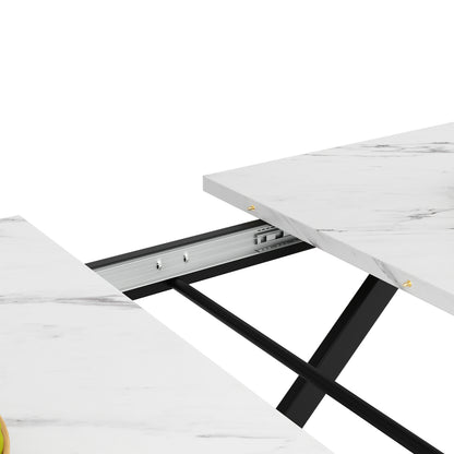Telescoping Dining Table (120-160×80cm), Extendable Kitchen Table, Space-Saving Design, Black Crossed Iron Legs, Suitable for Kitchen & Living Room, White Marble Walnut Colored