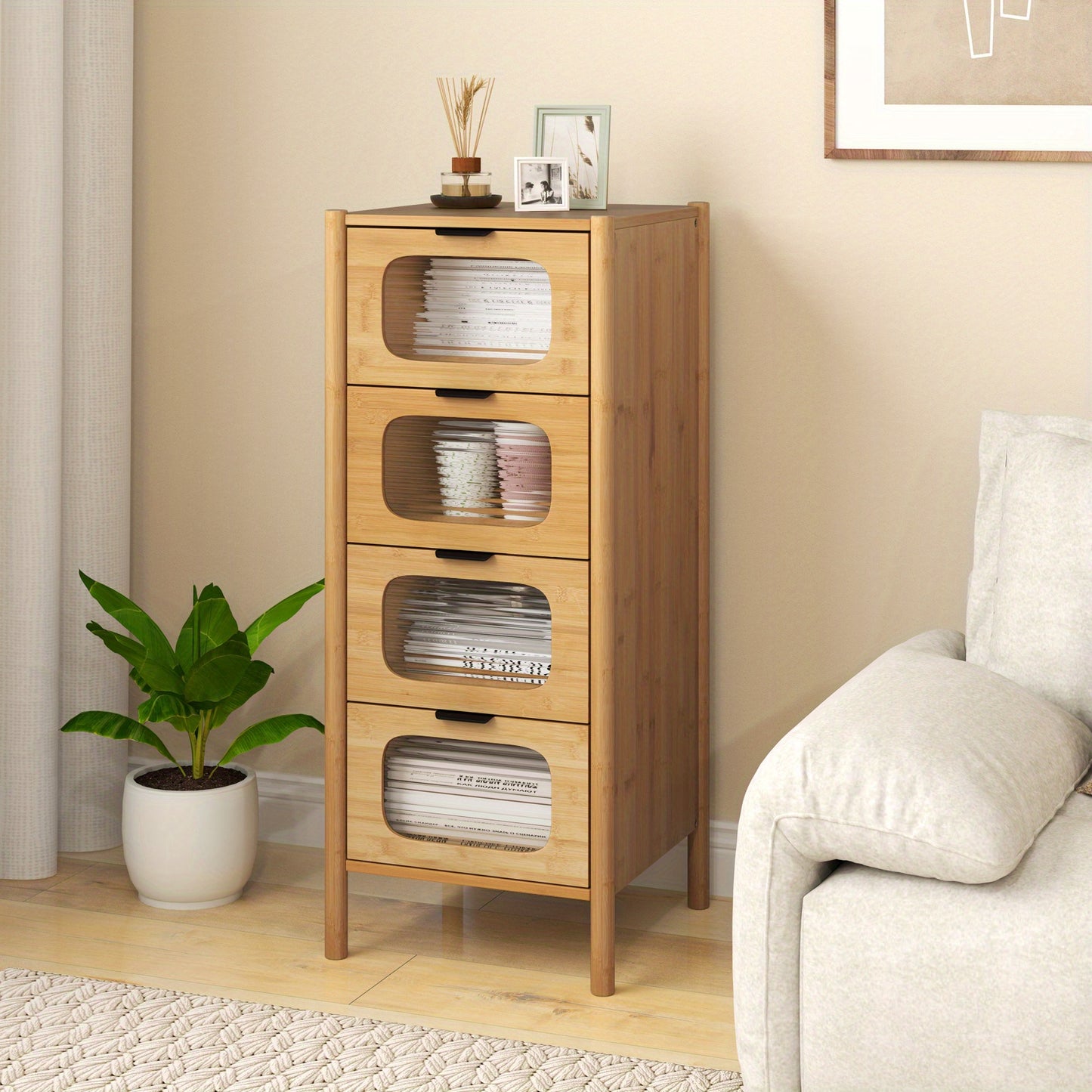 Kast Opbergsysteem – Kledingkast – Opbergkast – Ladekast – Dressoir – Bamboe & Gehard Glas – 40x40x97 cm – 4 Ruime Lades