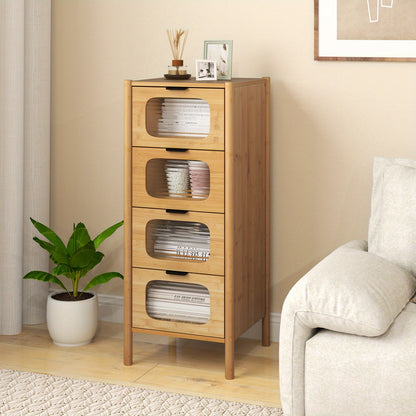Kast Opbergsysteem – Kledingkast – Opbergkast – Ladekast – Dressoir – Bamboe & Gehard Glas – 40x40x97 cm – 4 Ruime Lades