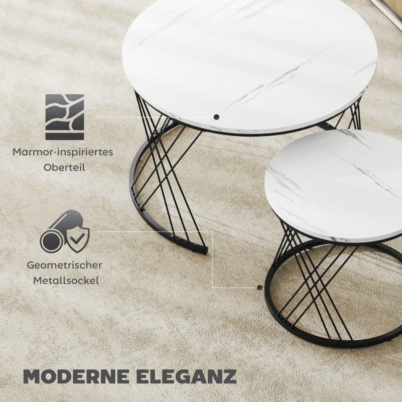 Salontafel – Woonkamertafel – Bijzettafel – Koffietafel – Patioset – Ronde Set Van 2 – Wit Spaanplaat Marmerlook – Metalen Geometrisch Onderstel