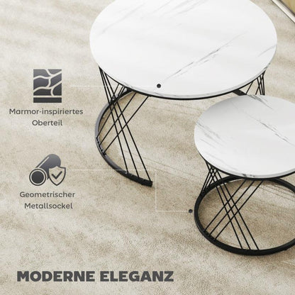 Salontafel – Woonkamertafel – Bijzettafel – Koffietafel – Patioset – Ronde Set Van 2 – Wit Spaanplaat Marmerlook – Metalen Geometrisch Onderstel