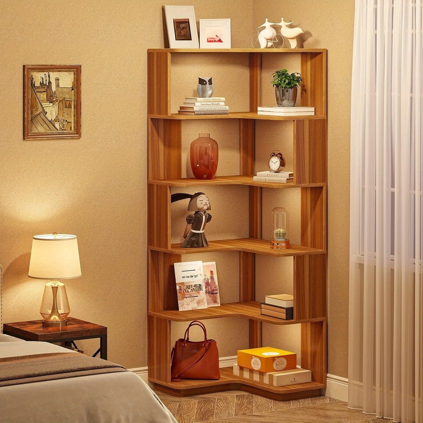 Boekenkast – Boekenrek – Opbergkast – Vakkenkast – Stellingkast – 6-laags Hoekontwerp – Stevig MDF Notenhout – Anti-val Panelen – 165 cm Hoog