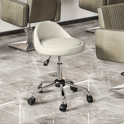 Krukje – Kruk – Werkkruk – Draaikruk – Zitkruk – Verstelbaar 63-83 cm – 360° Draaibaar Met Wieltjes – Wit Kunstleer