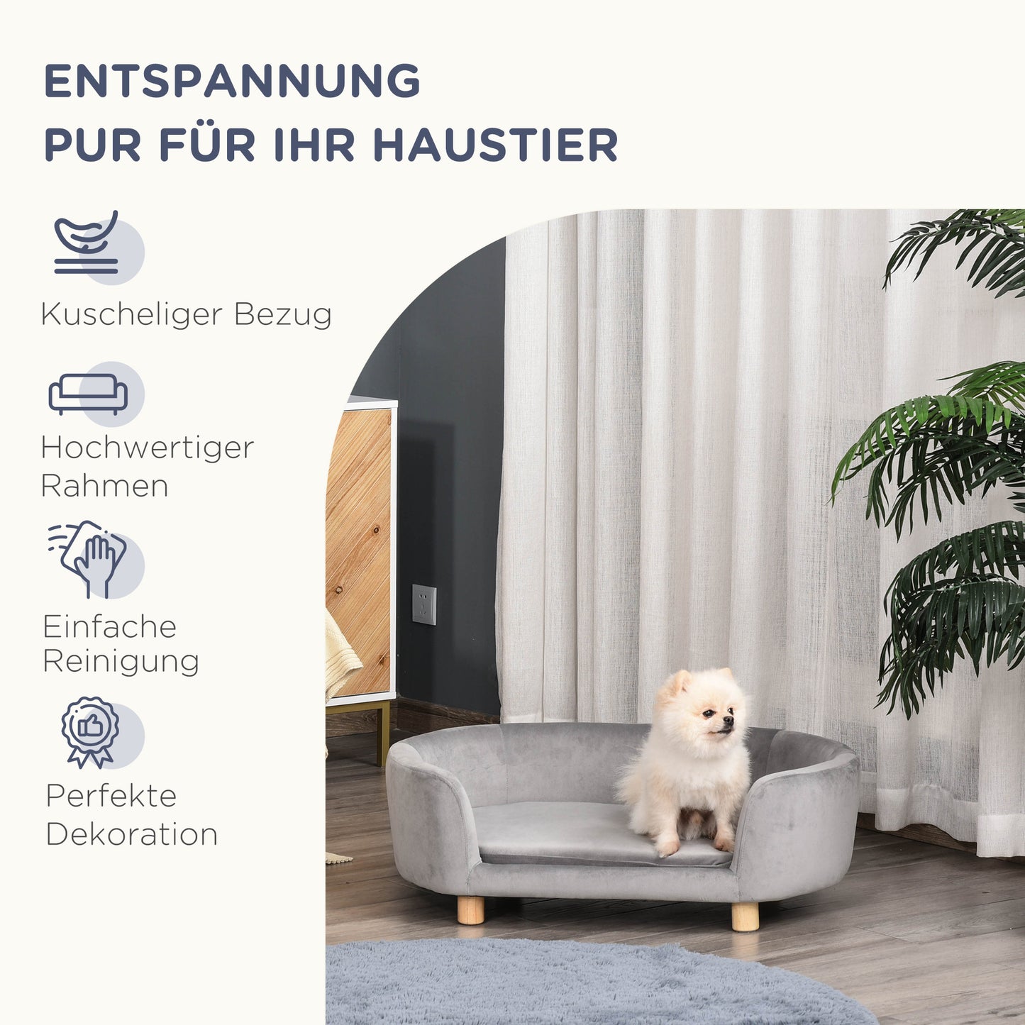 Hondenmand – Dierenbank – Hondenbed – Hondenkussen – Kattenmand – Dutch Velvet Bekleding – Verhoogd Met Berkenhouten Poten – Lichtgrijs – 86x55x33 cm – Comfortabele Foamvulling