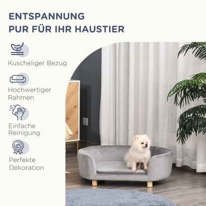 Hondenmand – Dierenbank – Hondenbed – Hondenkussen – Kattenmand – Dutch Velvet Bekleding – Verhoogd Met Berkenhouten Poten – Lichtgrijs – 86x55x33 cm – Comfortabele Foamvulling
