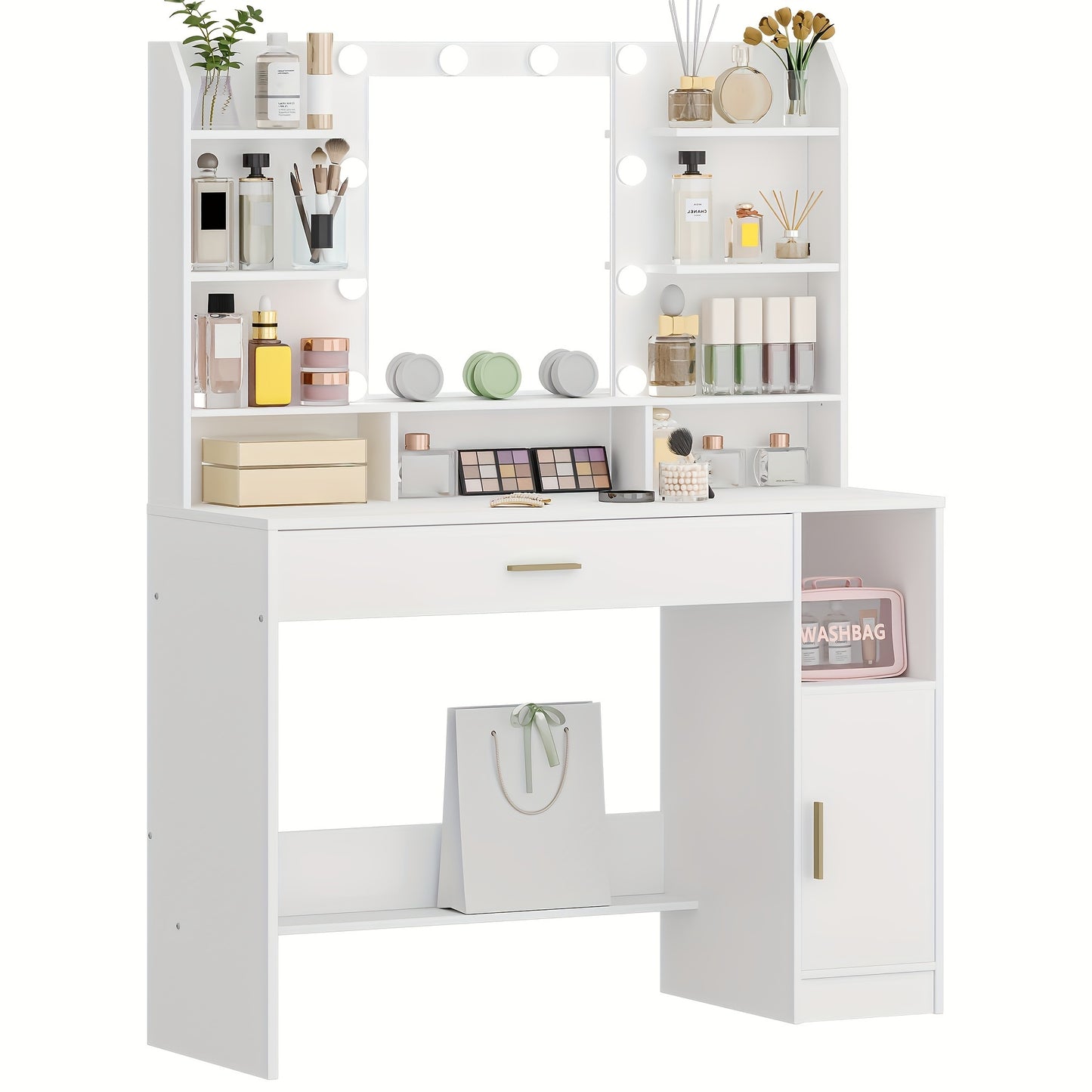 Make-uptafel – Kaptafel – Make-up Bureau – Dressoir – Vanity Desk – Verstelbare LED-Verlichting – Ruime Opbergruimte Met Lades En Kastje