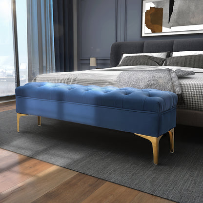 Fluwelen Bank – Zitbank – Schoenenbank – Voetenbank – Bedbank – Blauw – 118 x 45 x 42 cm – Stevig Metalen Poten – Comfortabel Zacht Fluweel
