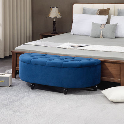 Opbergpoef – Opbergkoffer – Zithocker – Opbergbank – Blauw Fluweel – Klassiek Design – Stevig Houten Frame – Comfortabele Foam Zitting