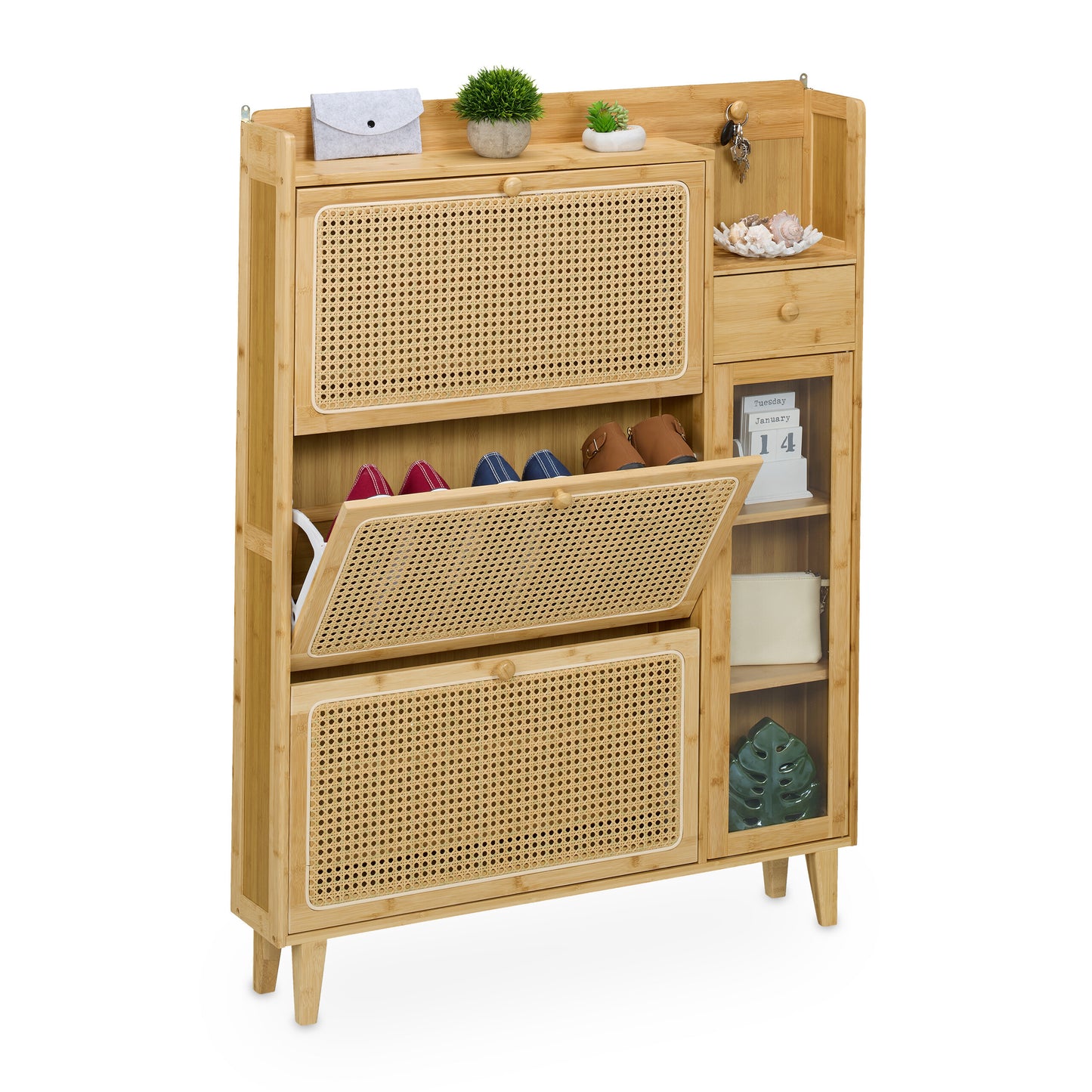 Rattan Schoenenrek – Schoenenkast – Schoenenopberger – Schoenenplank – Schoenenstandaard – 5 Compartimenten – Bamboe Met Rattan Look
