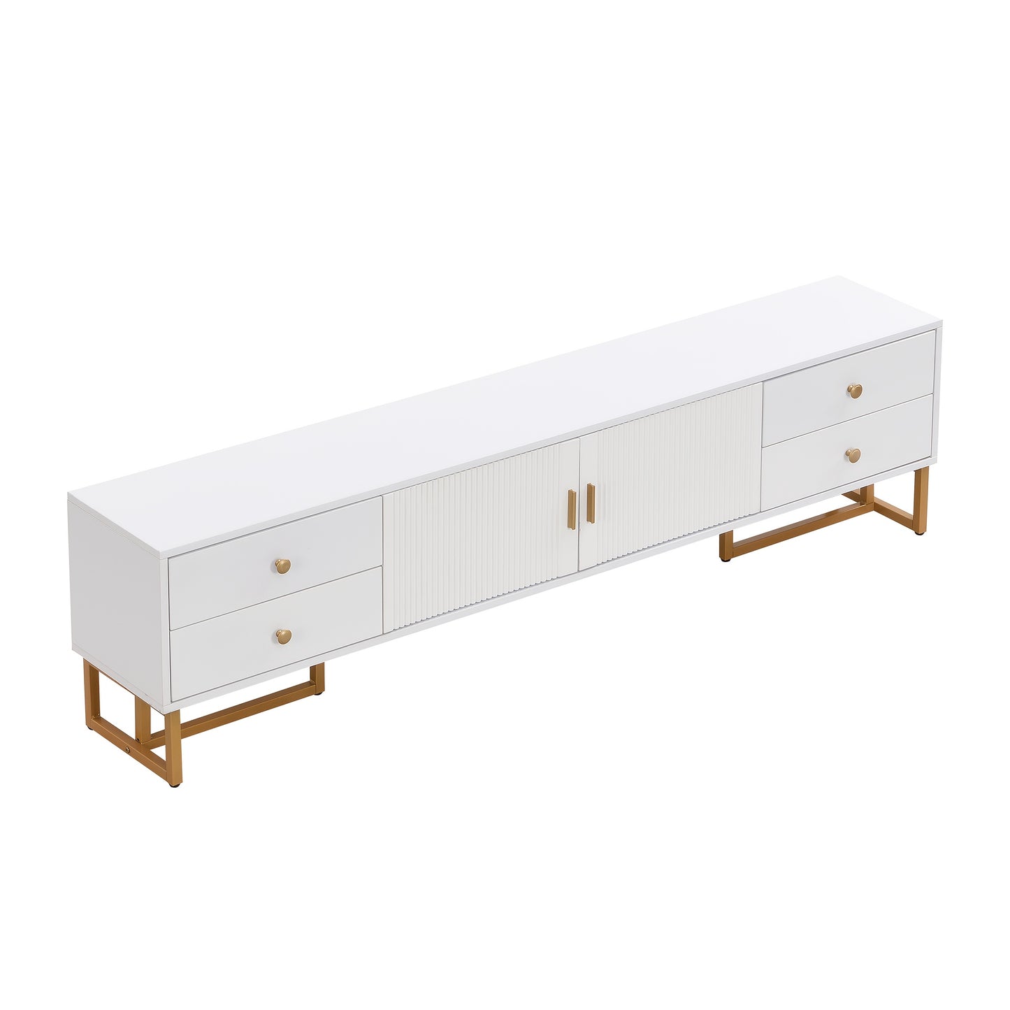 Modern White & Golden Metal TV Stand with Textured Doors & Drawers - Low Profile Media Console, Golden Accent Legs, Sturdy Construction for Living Room, Bedroom, Home Theater - Easy Assembly Required (No Wood)