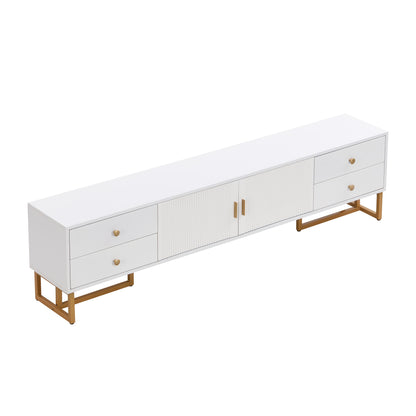 Modern White & Golden Metal TV Stand with Textured Doors & Drawers - Low Profile Media Console, Golden Accent Legs, Sturdy Construction for Living Room, Bedroom, Home Theater - Easy Assembly Required (No Wood)