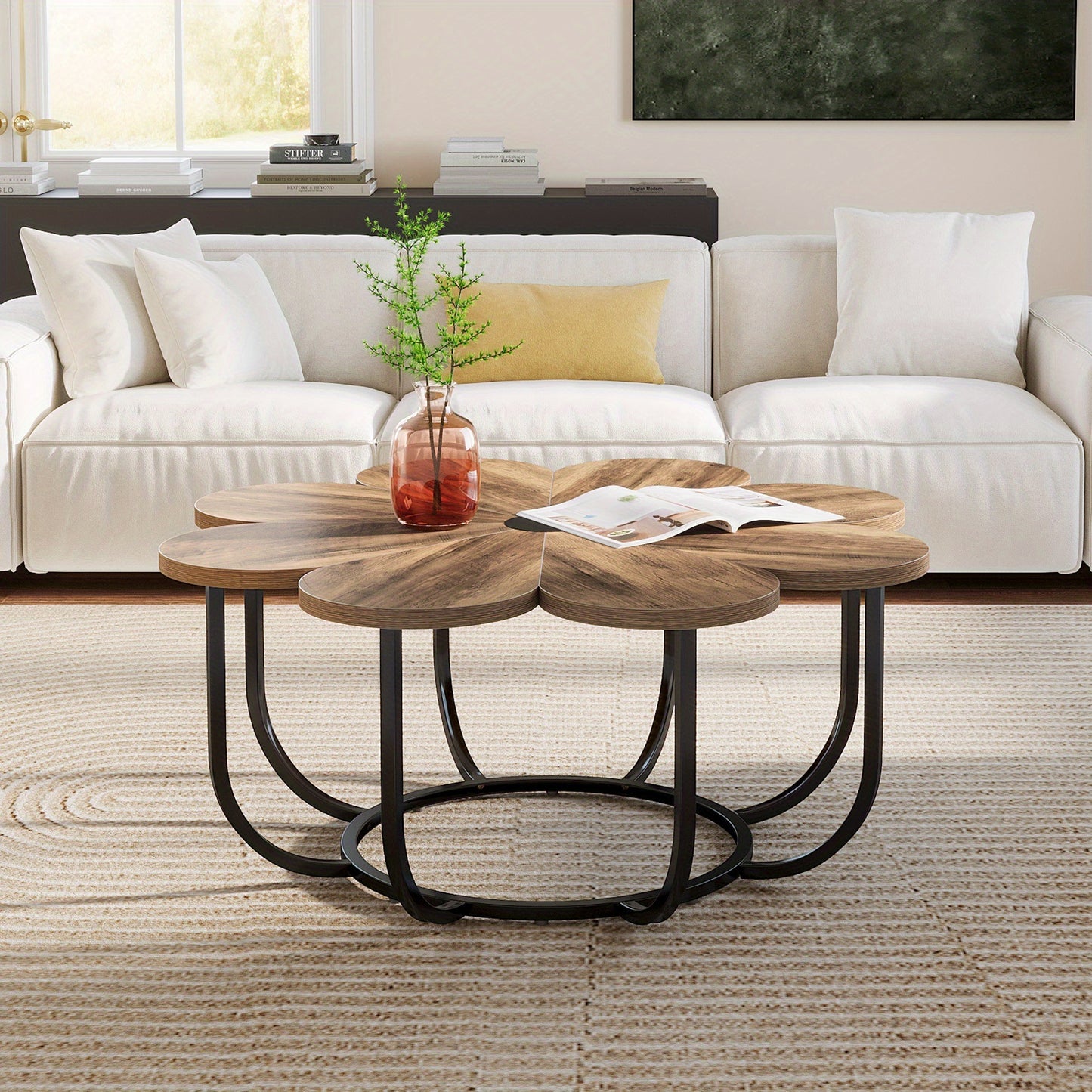 Salontafel – Koffietafel – Bijzettafel – Woonkamertafel – Lounge tafel – Bloemvormig tafelblad – Zwart metalen frame – Ruimtebesparend ontwerp – Diameter 100 cm – Hoogte 50 cm