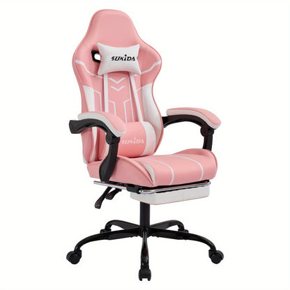 Gamingstoel Ergonomische Stoel – Bureaustoel Gaming Chair – Zithoekstoel – Computerstoel – Met Voetensteun – Verstelbare Zithoogte – Memory Foam Lendensteun – Kunstleer Roze-Wit