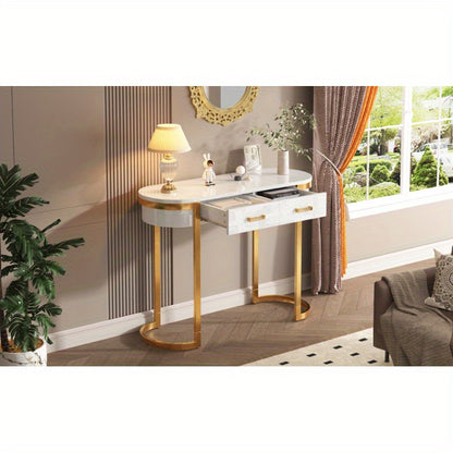 Hoge Bijzettafel – Sidetable – Bijzettafel – Opbergtafel – ConsolTafel – Wit Hoogglans Met Gouden Accenten – 100x40x76 cm – 2 Opbergrekken