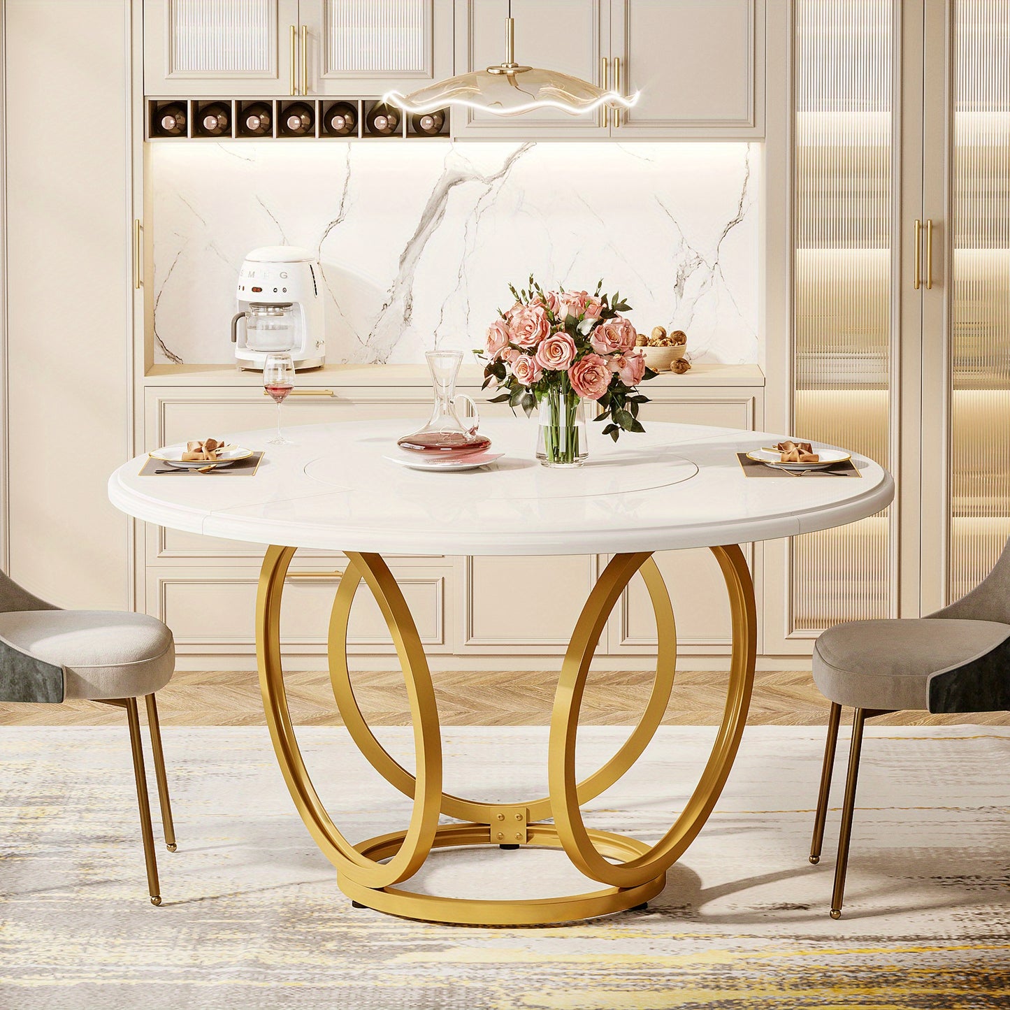 Eettafel – Dinertafel – Keukentafel – Salontafel – Rond – Extra Groot 119 cm – Wit Gelakt Spaanplaat – Gouden Metalen Onderstel – Ruimtebesparend & Modern Design