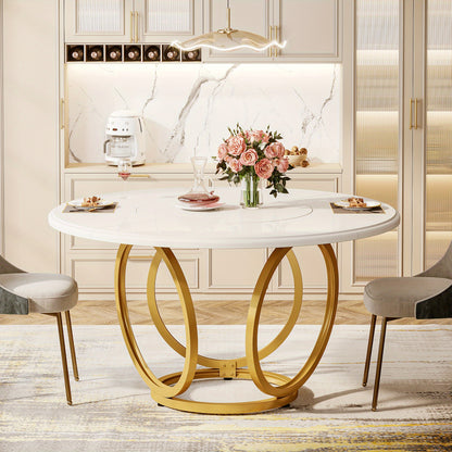 Eettafel – Dinertafel – Keukentafel – Salontafel – Rond – Extra Groot 119 cm – Wit Gelakt Spaanplaat – Gouden Metalen Onderstel – Ruimtebesparend & Modern Design
