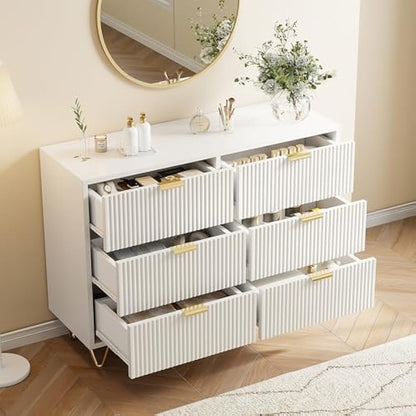 Ladekast – Ladenkast – Commode – Opbergkast – Dressoir – Wit Cannelé Design – 6 Lades – Compact 100x34x73 cm – MDF Met Houten Details