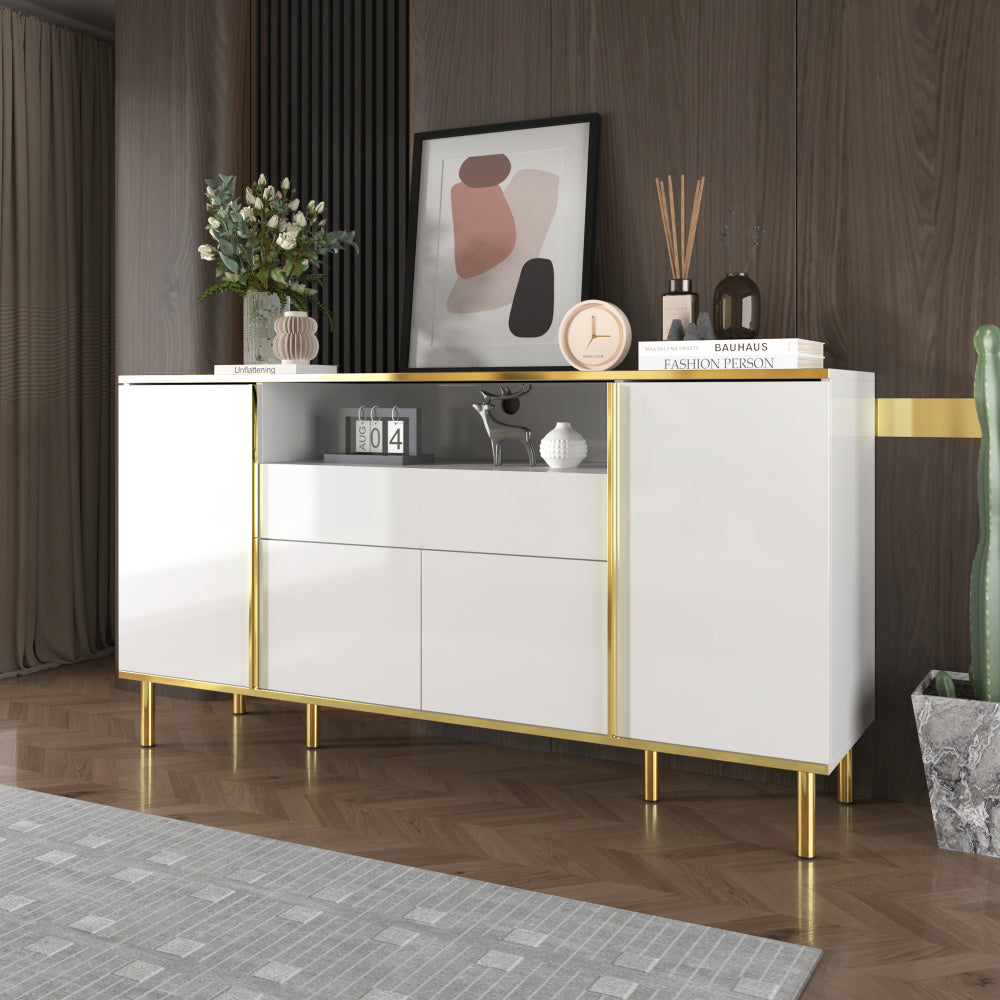 Dressoir – Sideboard – Kast – Opbergmeubel – Ladekast – Hoogglans Wit Met Gouden Accenten – 4 Deuren En 1 Lade – Ruime Opbergruimte – Compact Formaat 59x31x75 cm