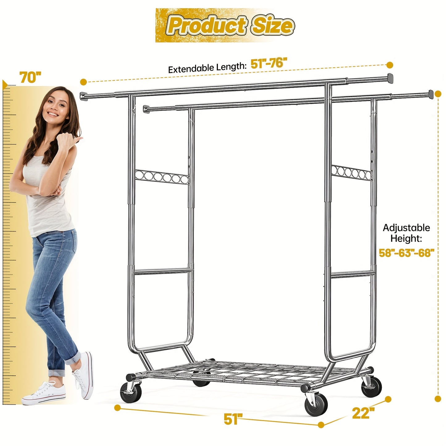 Heavy Duty Kledingrek – Kledinghanger – Kledinghouder – Kledingstandaard – Staand Rek – Verstelbaar Dubbel Stangontwerp – Max. 295 kg Draagkracht – Mobiel op Wielen – Zilverkleurig