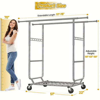Heavy Duty Kledingrek – Kledinghanger – Kledinghouder – Kledingstandaard – Staand Rek – Verstelbaar Dubbel Stangontwerp – Max. 295 kg Draagkracht – Mobiel op Wielen – Zilverkleurig