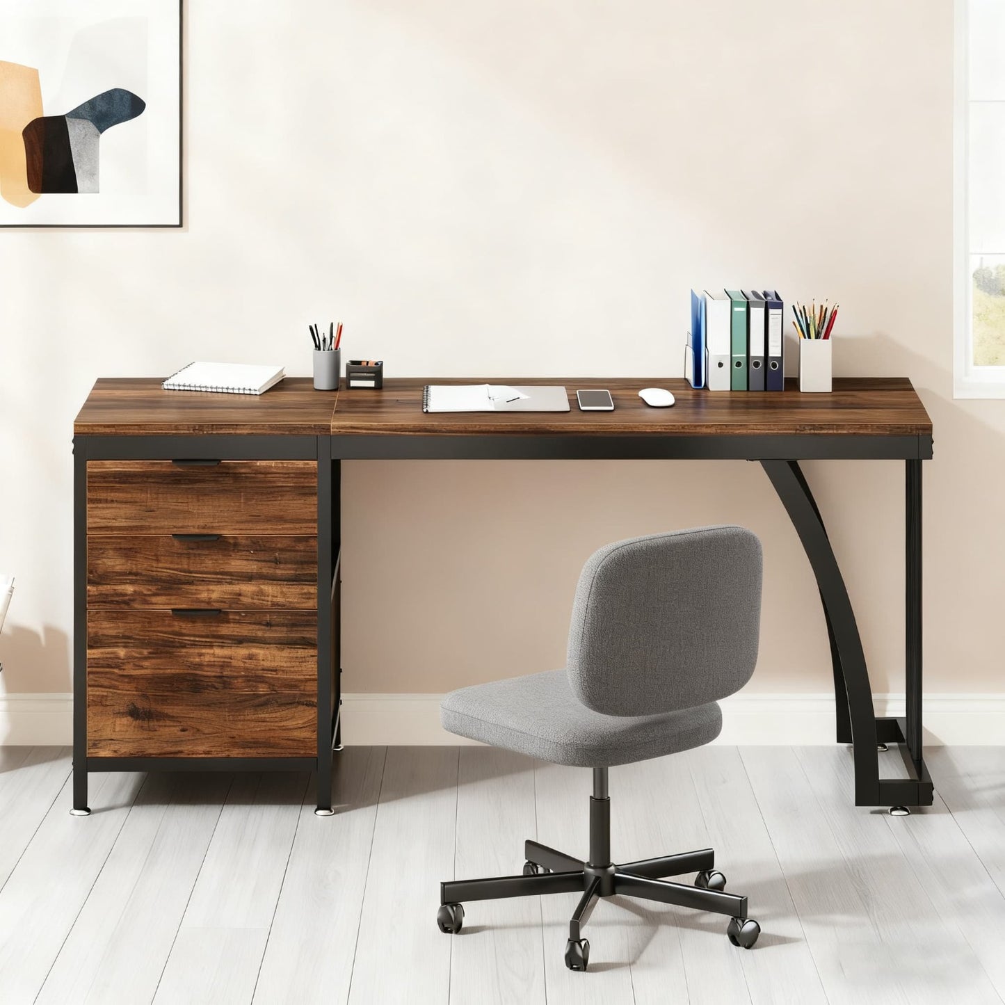 Industrieel Bureau – Computertafel – Werkplek – Schrijftafel – Bureau Met Laden – Rustic Brown – 150 cm Breed – 3 Laden Inclusief Documentlade – Verstelbare Poten – Stabiel Metalen Onderstel