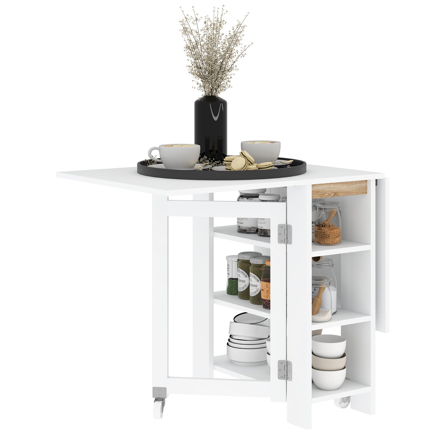 Opvouwbare Eettafel – Klaptafel – Keukentafel – Wieltjes Trolley – Inklapbare Tafel – Moderne Compacte Ontwerp – 120x60x75 cm – Met 2 Uitklapbare Bladen & 3 Planken – Wit