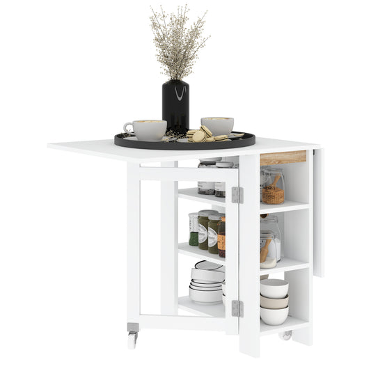 Opvouwbare Eettafel – Klaptafel – Keukentafel – Wieltjes Trolley – Inklapbare Tafel – Moderne Compacte Ontwerp – 120x60x75 cm – Met 2 Uitklapbare Bladen & 3 Planken – Wit