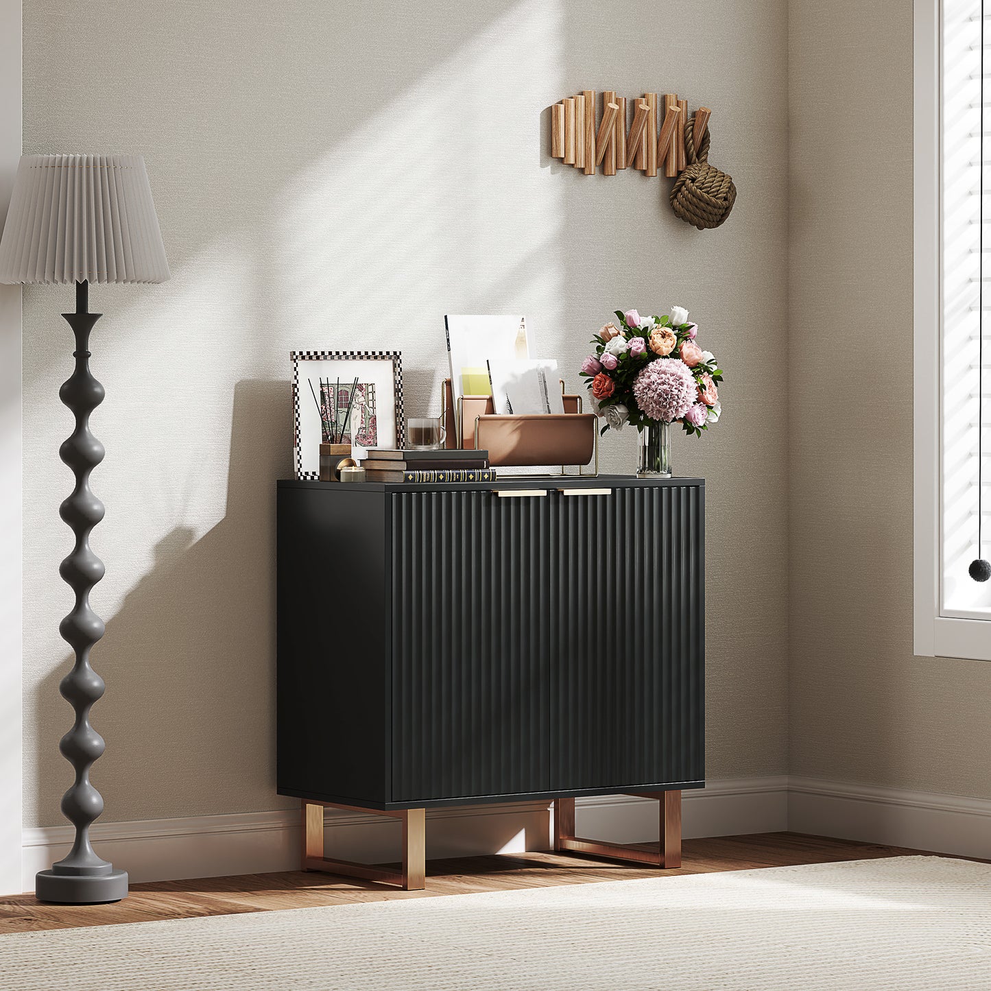 Dressoir – Sideboard – Opbergkast – Buffetkast – Woonkamerkast – Verstelbare Plank – MDF Metalen Poten – 76,5x39x77 cm – Zwart Mat